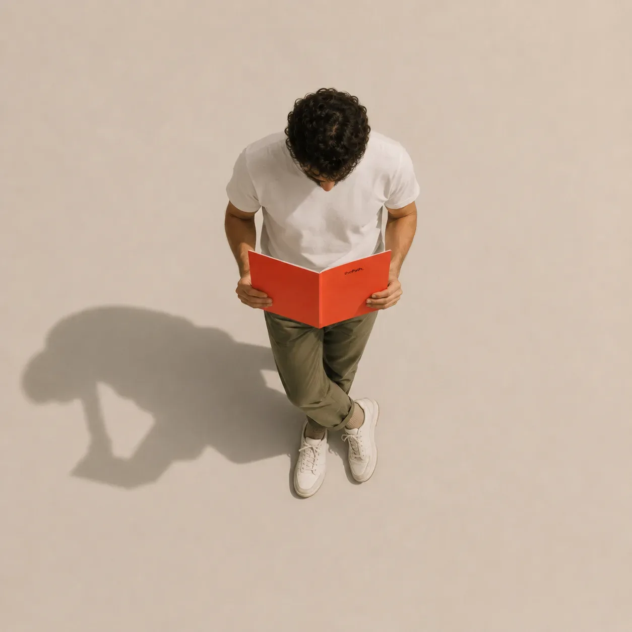 A person reading a coral thePath booklet, seen from above.